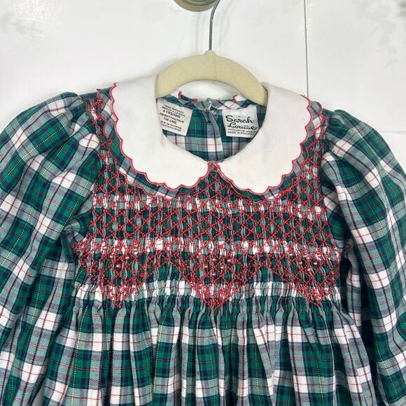 Sarah Louise Dress Girls 4 Green Plaid Tartan Smocked Peter Pan Collar Christmas - Picture 5 of 14